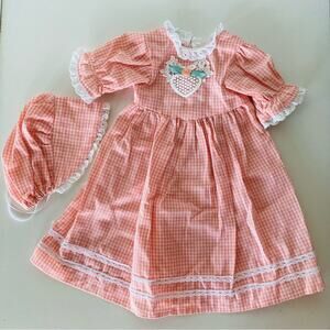 AMERICAN GIRL DOLL Peach Pink Plaid Checkered Dress Ribbon Tie Bonnet Hat Lace